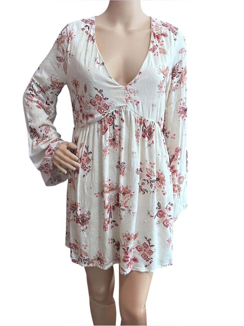 Altar'd State Cream Floral Print Boho Mini Dress Sz LG